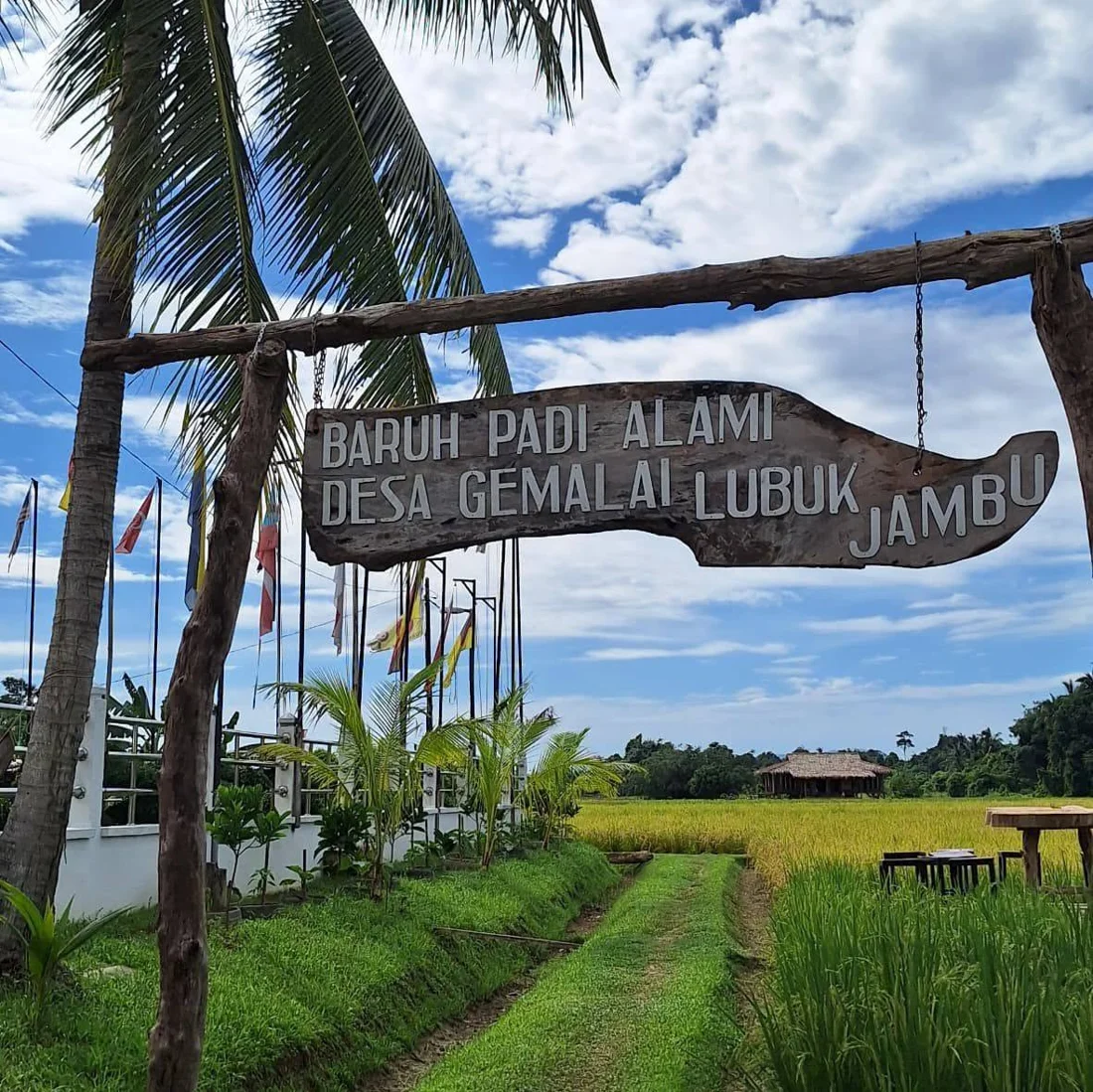 The carved timber entrance sign reading Baruh Padi Alami, Desa Gemalai Lubuk Jambu