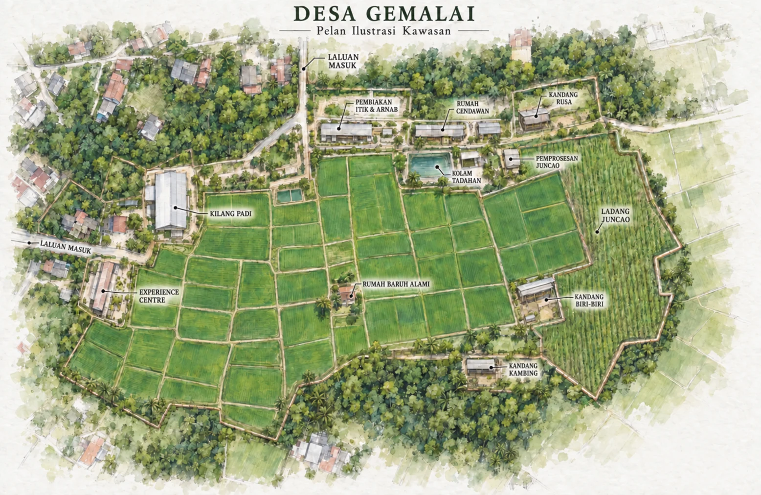 Illustrated site plan of Desa Gemalai showing the entrance path, rice mill, experience centre, animal enclosures, the Juncao field and processing area, water reservoir, Rumah Baruh Alami and paddy plots